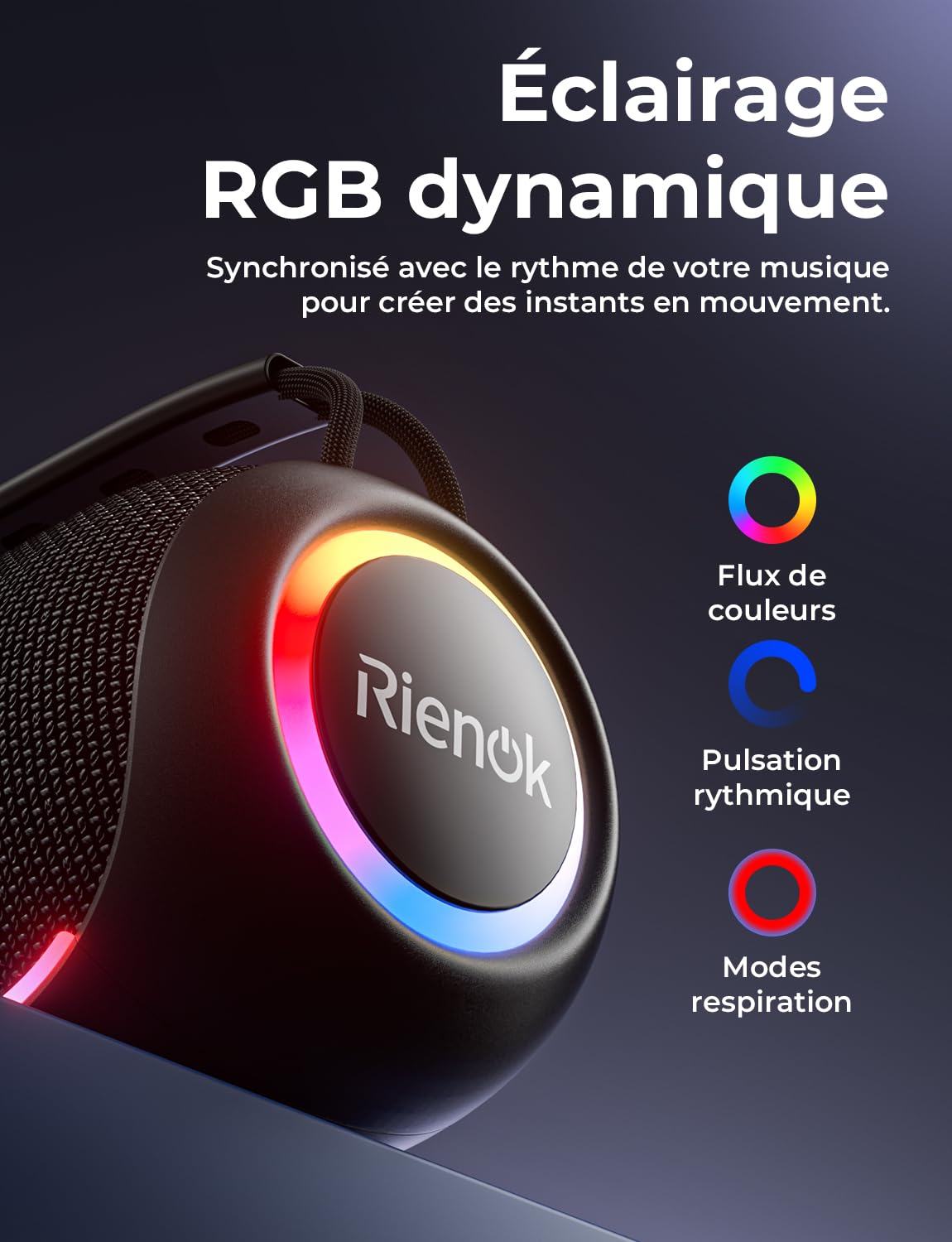 RIENOK Enceinte Bluetooth, 80W Enceinte Puissante, Tweeter et Woofer, 6000 mAh, 30H, IPX6, 128Go, Haut Parleur Bluetooth 5.3, Port Clé USB, AUX et TF Carte, pour Fêtes Soirées Voyage Extérieur, Noir