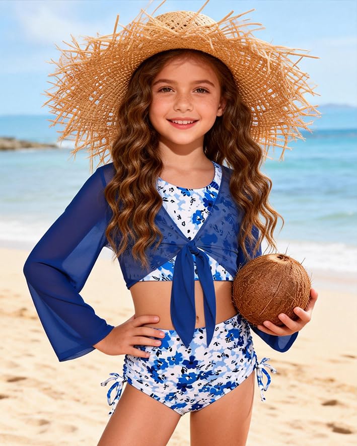 Image of GRACE KARIN Girls Bathing Suit Adjustable Taniki Swimsuit Tie Front 4 Piece Bikini Set with Kimono Cover Up 6-14