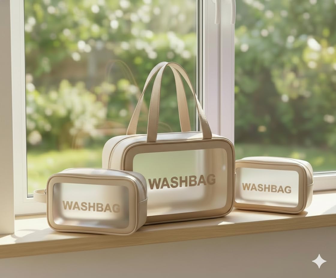 Transparent Waterproof Travel Toiletry Bag Set, PU Leather Cosmetic Organizer, Portable Wash Bag with Clear Window, Blue, 3 Piece Set (Off White)-image-31