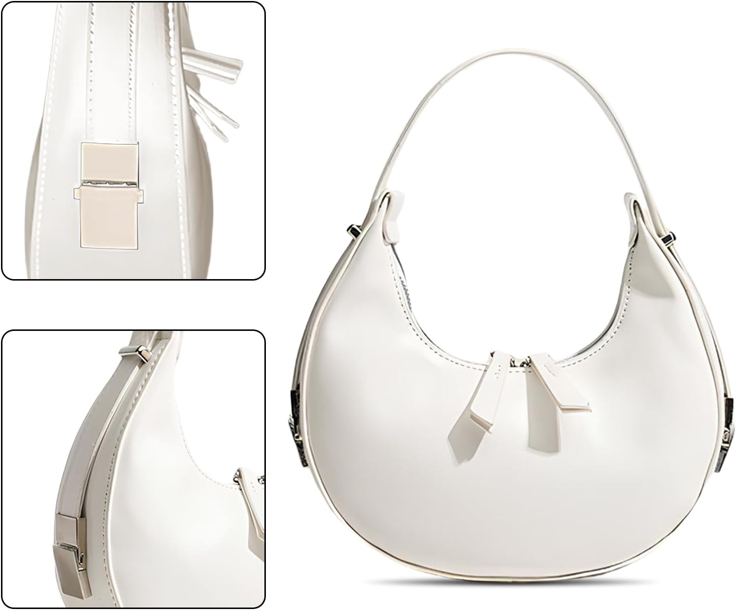 YYW Womens Clutch Purse Shoulder Handbags Crescent Bag Leather Zipper Adjustable Shoulder Strap Hand Bags (White) - Image 4