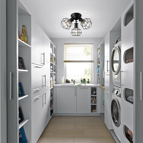 Miniatura 7 de Lámpara de techo industrial negra semiempotrada vintage de 3 luces de jaula negra, lámpara de techo de montaje empotrado negro para cocina,