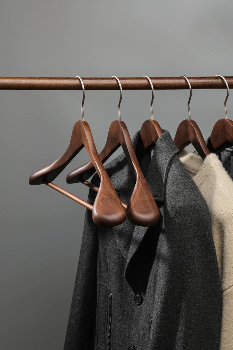 MELA'S Wooden Wide Clothes Hanger, Natural Wood, Pack of 18, Non-Slip, for Stable Jacket, Suit, Shirts, Extra Wide Shoulders, Trouser Bars, 45 x 23 x 5.5(Walnut)