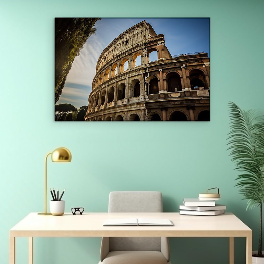 Canvas for Living room. The Majestic Colosseum Basked in Sunrise Hues Amidst Rome's Eternal Grandeur, 27 x 18 inch Canvas Wall Art - Contemporary Masterpieces - Modern Home Decor
