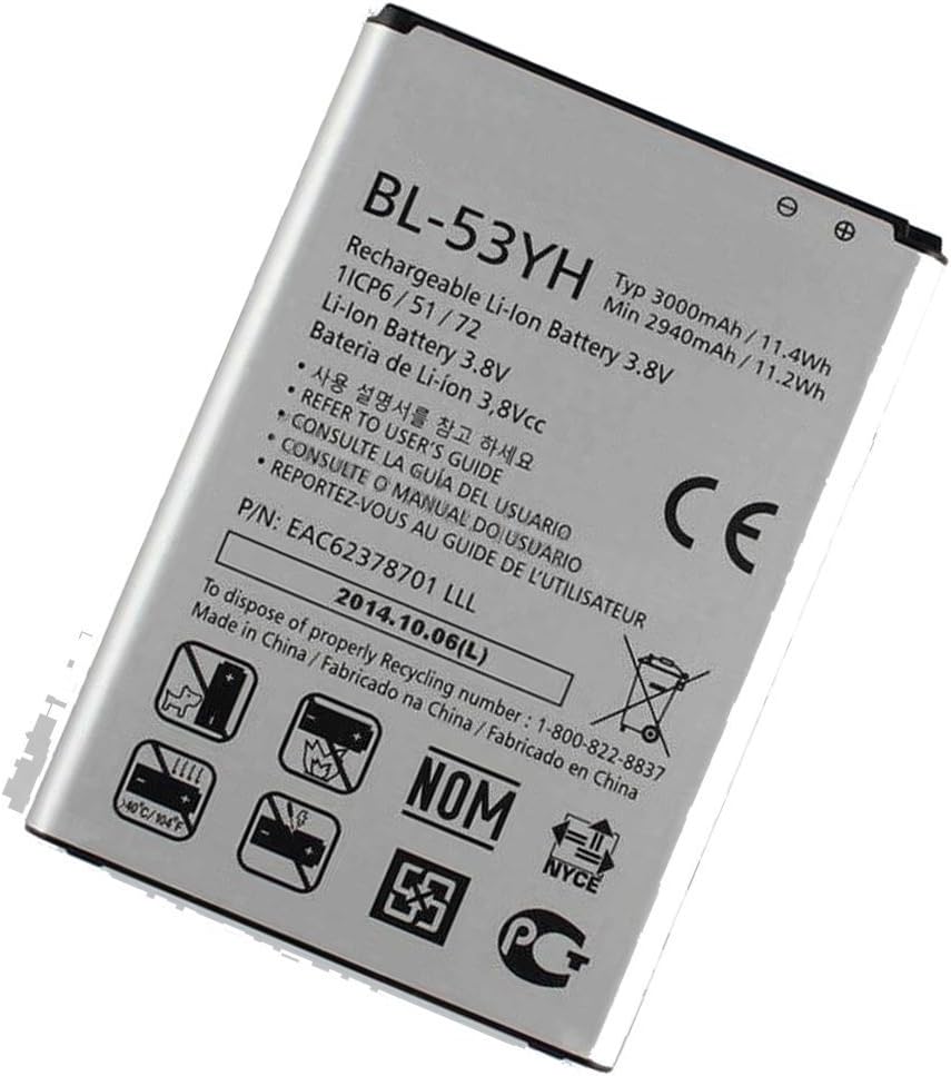 Replacement Battery for LG G3 D830 D850 LTE D851 D855 D855 LTE D855AR D855K D855P F400 F460 LS990 LTE VS985 LG BL-53YH CS-LKF400XL EAC62378901 EAC62378905 BL-53YH CS-LKF400XL (3.8V,3000mAh)