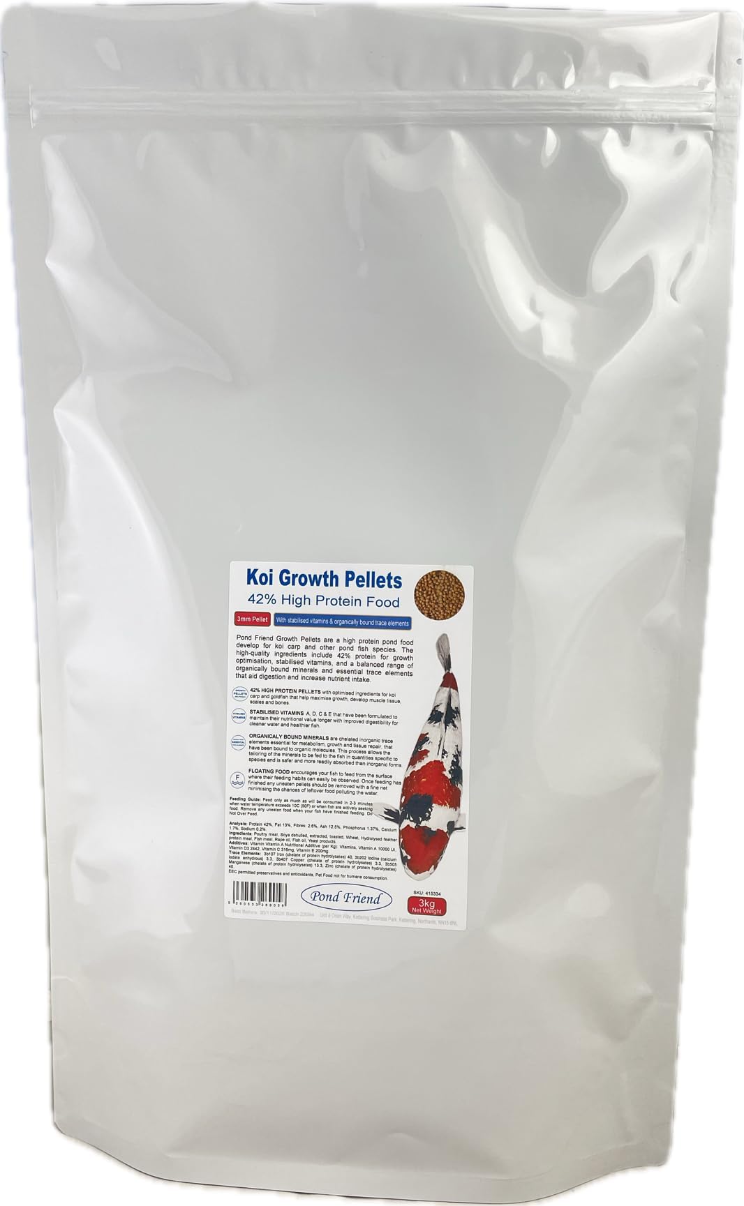 Koi Growth Pellets Floating Fish Food 3kg 3mm Carp & Goldfish High Protien Diet For Fast Growth