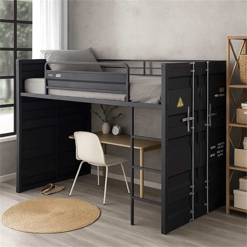 Pemberly Row Twin Loft Bed, Durable Metal Frame, Gray Finish, Built-in Ladder and Left Front Slide, Cargo-Themed Design, Cremone Bolt Accents, Slat System, Kids Bedroom Furniture, Fun Sleeping and