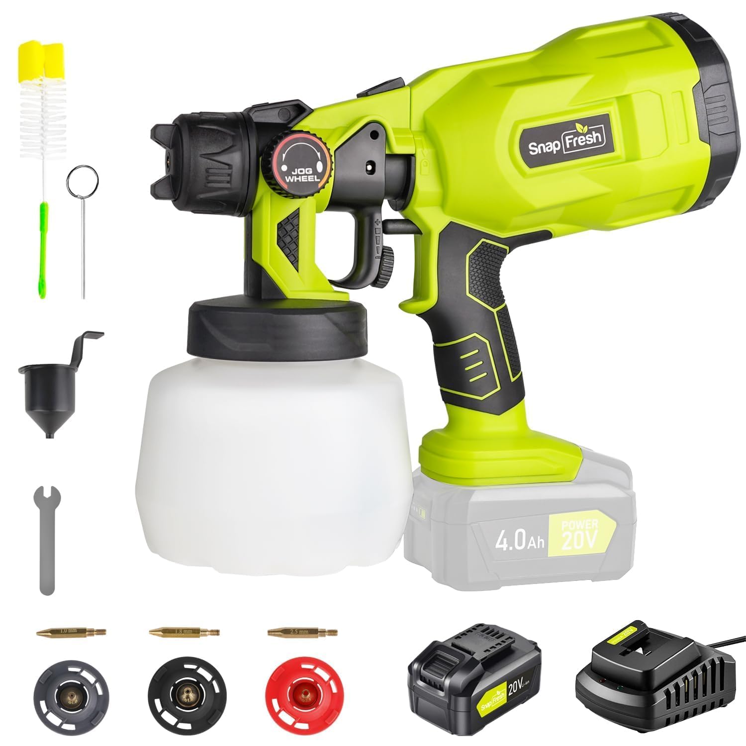 Photo 1 of SnapFresh 20V Cordless Paint Sprayer, 4.0Ah Battery & Fast Charger Included, Handheld Electric HVLP Paint Spray Gun w/ 1200ML Container & 3 Nozzles for House Painting, Cabinets, Walls & Furniture