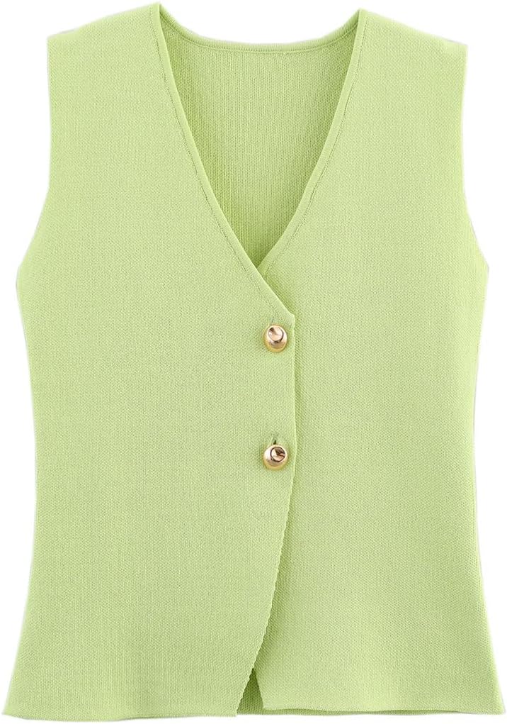 B88726 Women's Sleeveless Knit Vest, V-Neck Button Front Cardigan Sweater Vest (US, Numeric, 12, 14, Regular, Long, Green)
