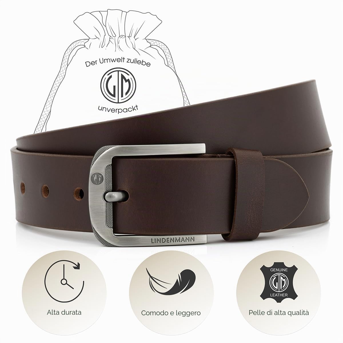 Lindenmann Cintura in pelle da uomo, cintura in pelle pieno fiore, cintura in jeans marrone