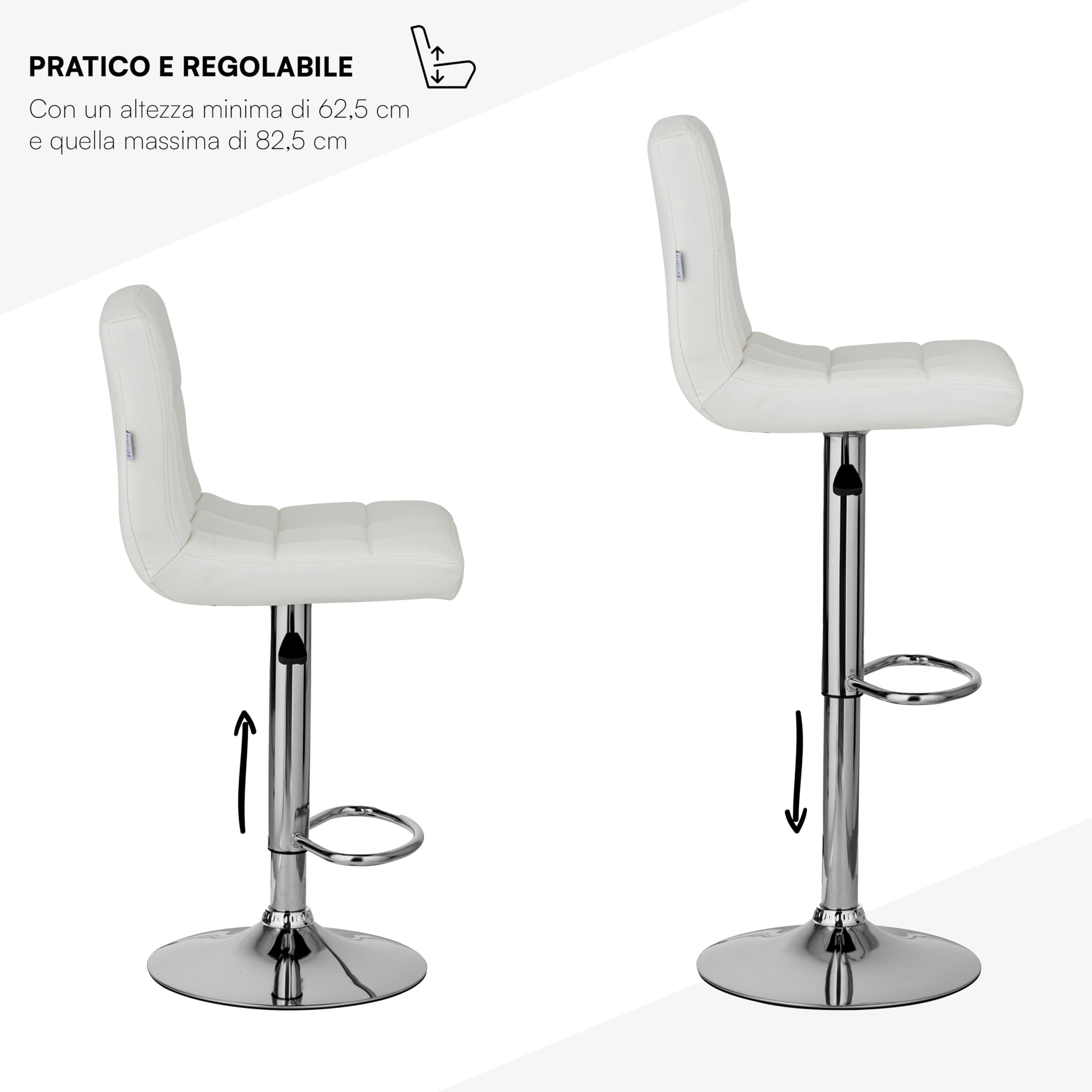 Baroni Home Tabouret de Bar Revêtement en Similicuir, Chaise de Bar Hauteur Réglable, Tabouret Tournant 360°, Dossier Ergonomique et Repose-Pieds, Structure en Acier, 1 Pièce, Blanc, 38x43,5x115 cm