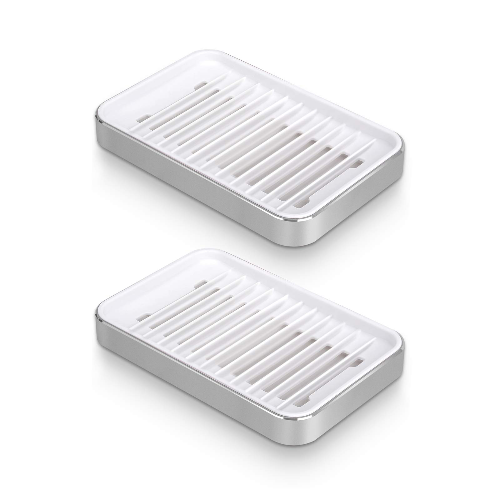 FaySun Aluminum Alloy Soap Dish (2 Pack)，Soap Holder with Draining Tray，Bar Soap Case Holder Saver for Shower/Bathroom/Sink Deck, Keep Soap Bars Dry Clean (Silver)