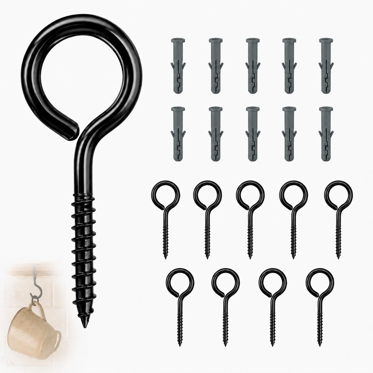 GUGUGO Screw Hooks M6 x 80 mm 10 Pack with Wall Plugs, Black Closed Eye Self-Tapping Screws, Heavy Duty Stainless Steel Screw-in Hangers for Wire Rope, Cables, Chains, Lights, Indoor and Outdoor Use — image 1
