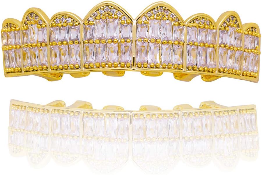 18K Gold Plated Hip Hop Teeth Grillz for Your Teeth Square Micro Paved Iced Out CZ 8 Teeth Top & Bottom Diamond Grills for Men Women