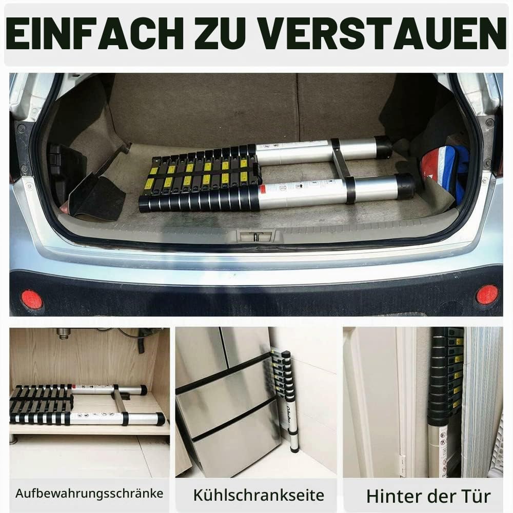 2,5+2,5m Aluminium Klappleiter Teleskopleiter, rutschfest Ausziehleiter Dachbodenleiter Ausziehbar Anlegeleiter, 8+8 Sprossen, Leicht zu Tragen, 150kg Tragkraft