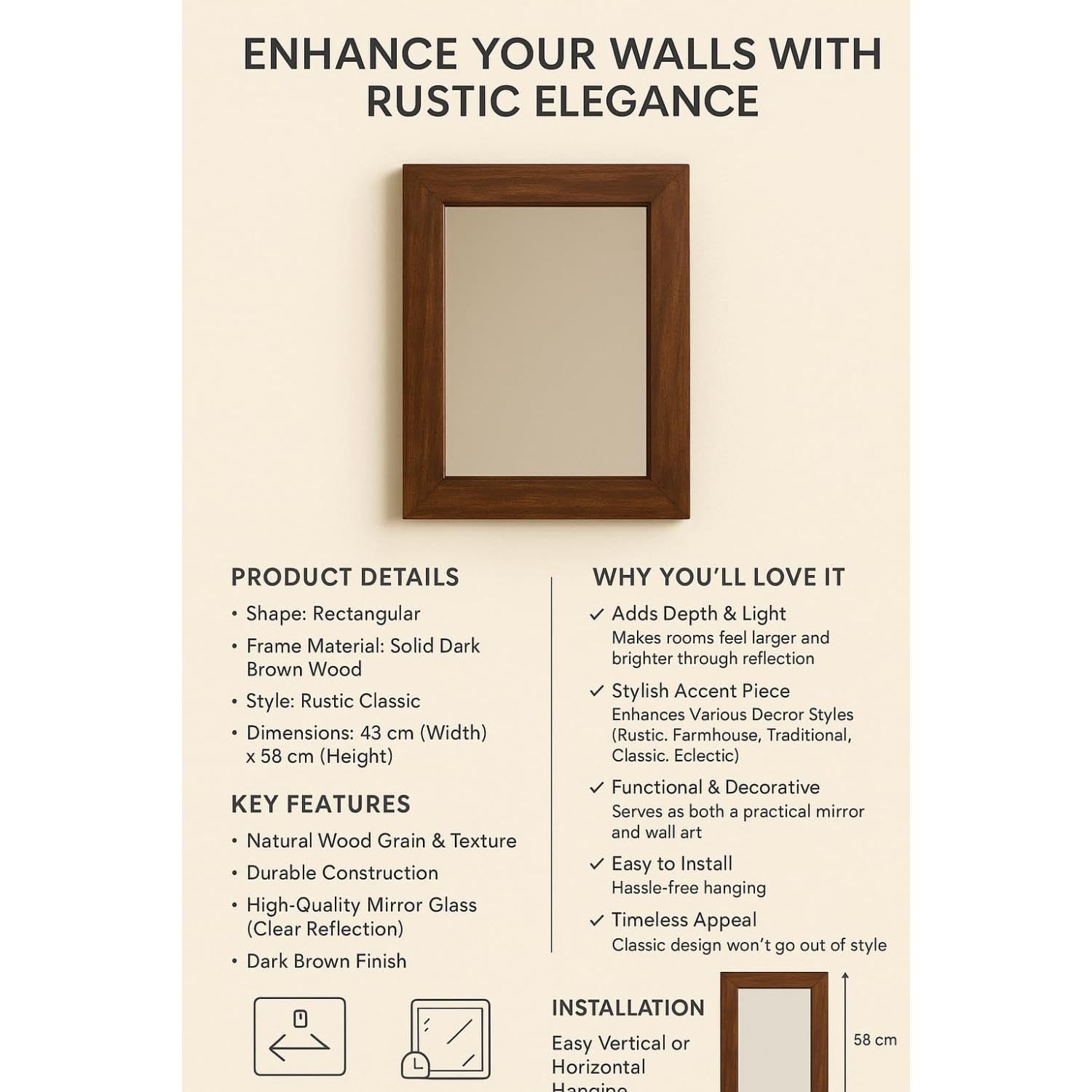 Specchio da parete decorativo rettangolare cornice legno marrone scuro rustico classico 43x58 cm