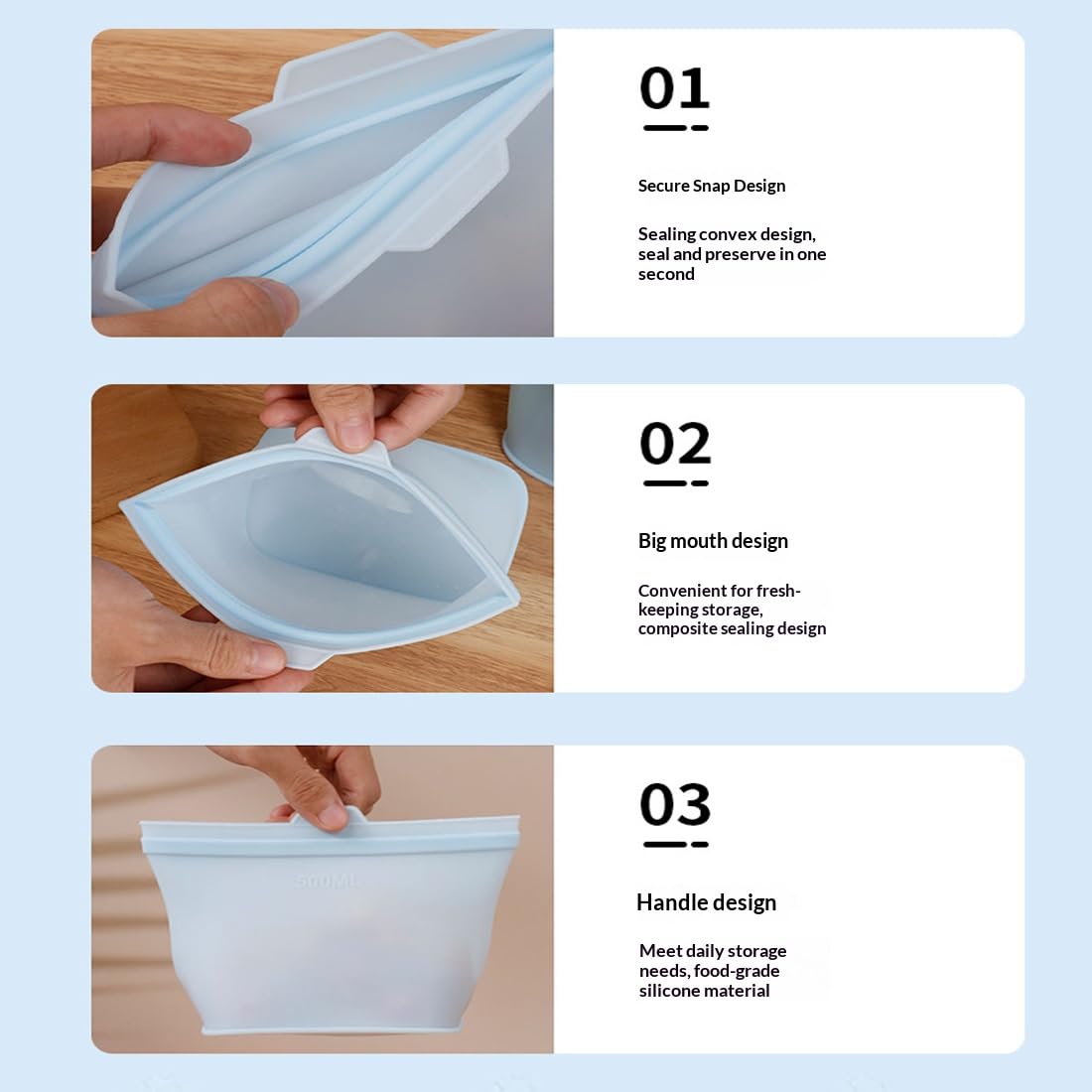 Bolsas de Silicona Reutilizables para Alimentos (500/1000/1500 ml), Bolsas Herméticas Antifugas para Congelador y Microondas, Conservación de Comida (0.5L+0.1L+0.15L-A)