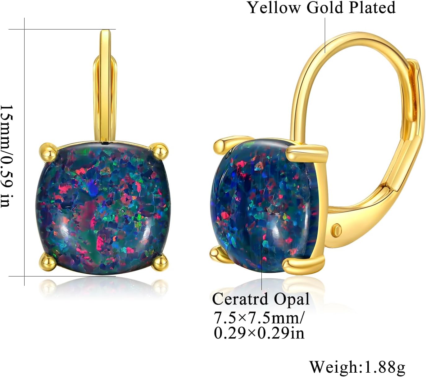 CiNily Leverback Dangle Earrings for Women Girls Hypoallergenic,14K Gold Plated Pendant Earrings Square Opal Hoops Hanging Lever Earrings Fashion Jewelry Gifts for Sensitive Ears - Image 3