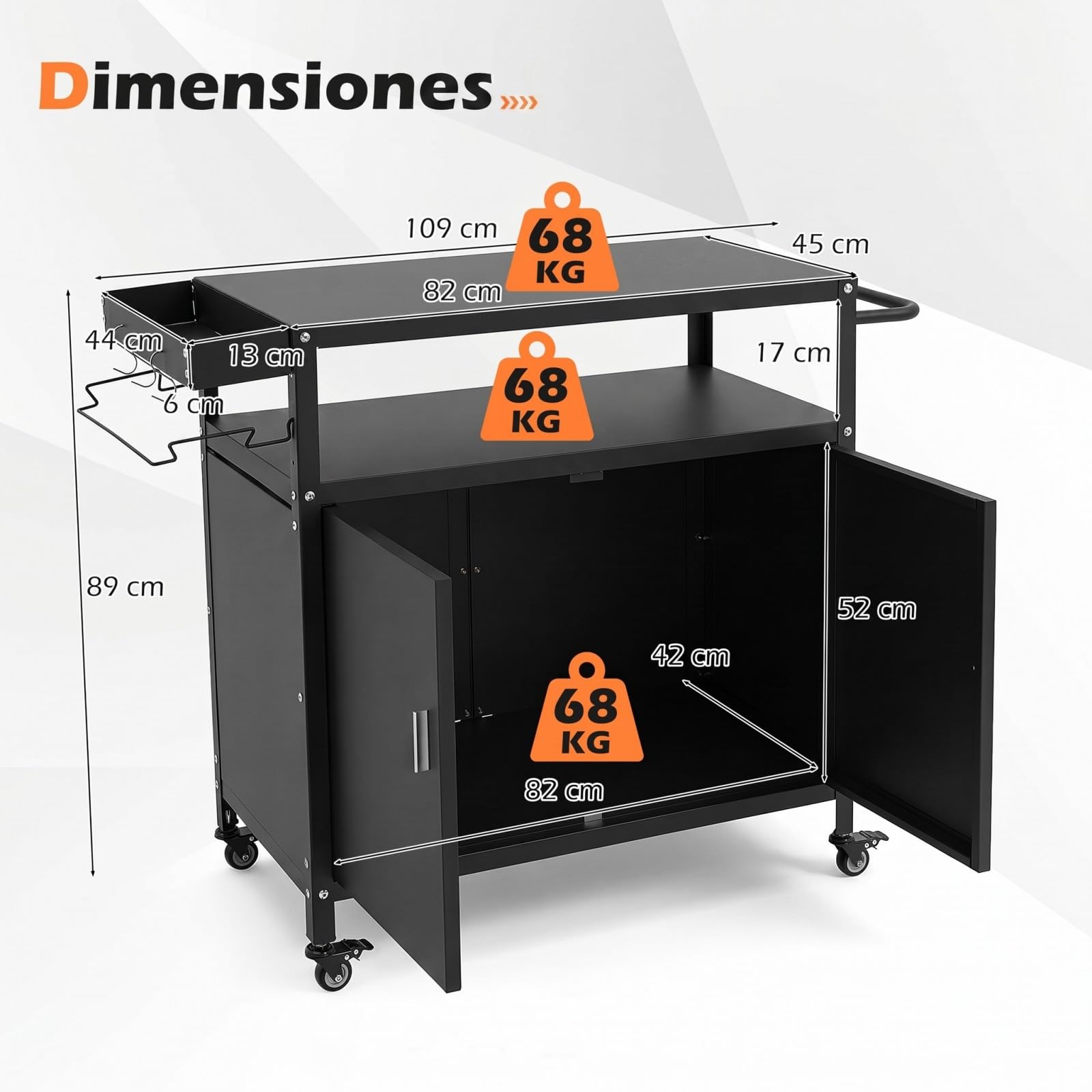 COSTWAY Carrito de Barbacoa con Ruedas, Acero, Armario de 2 Puertas, Estante, 3 Ganchos y Soporte para Bolsas de Basura, Carro de Servicio Cocina Interior y Exterior, 109 x 45 x 89 cm