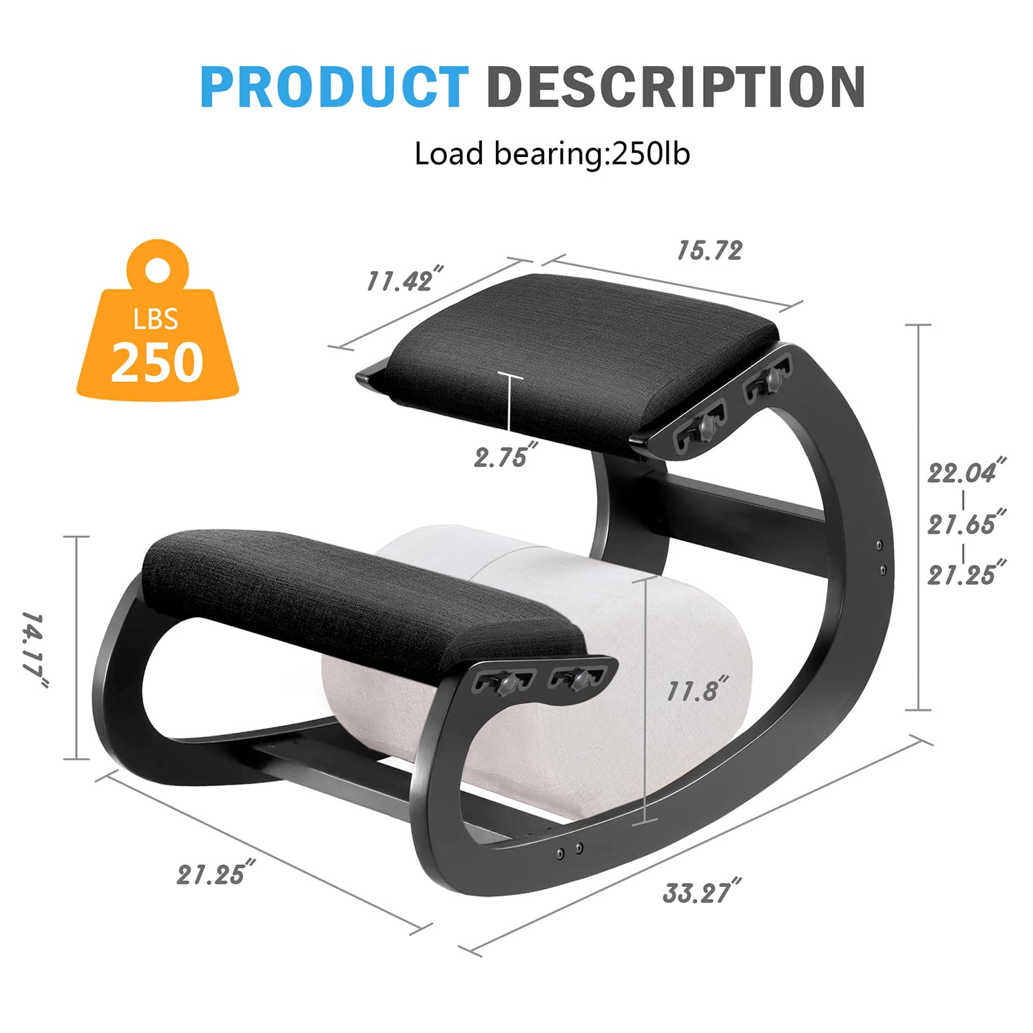 Adjustable Kniestuhl, Ergonomischer Schaukelstuhl aus Holz - Verbessern Sie Ihre Körperhaltung mit einem angewinkelten Sitz für Zuhause, Büro (Black)