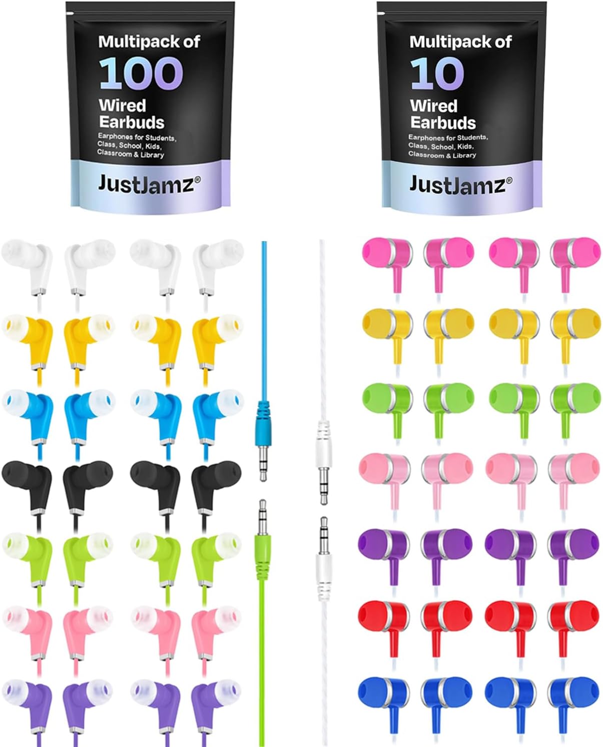 JustJamz 110 Pack Bulk Earbuds – Colorful Wired Ear Buds with 3.5mm Jack for Classroom, Students, and Schools – Disposable Headphones Multipack for Kids, Teachers, and Libraries