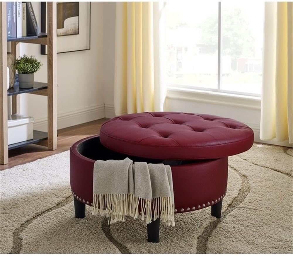 round storage ottoman brick red side view