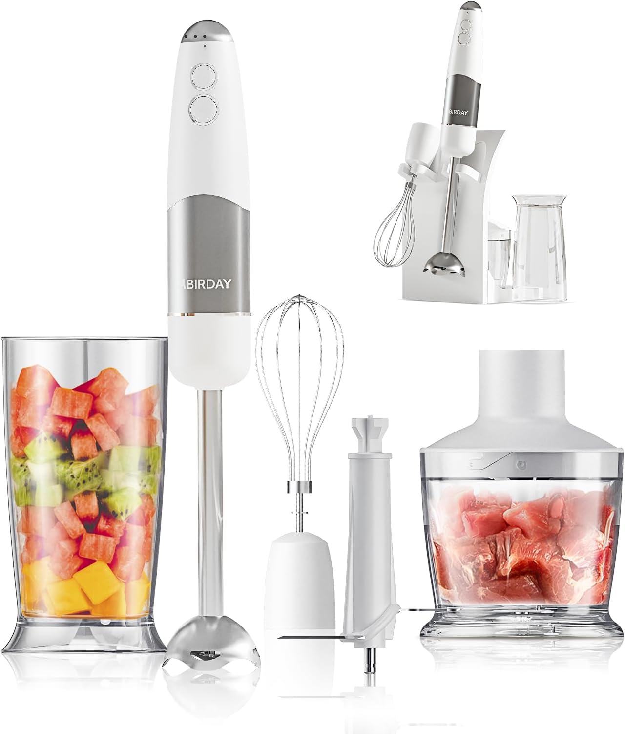Hand Blender, Integrated Storage Stand, 800W Multi-Purpose Stainless Steel Stick Immersion Blender, 6-Speed and Turbo Mode Hand Mixer, 500ml Food Processor, 700ml Mixing Beaker, Whisk