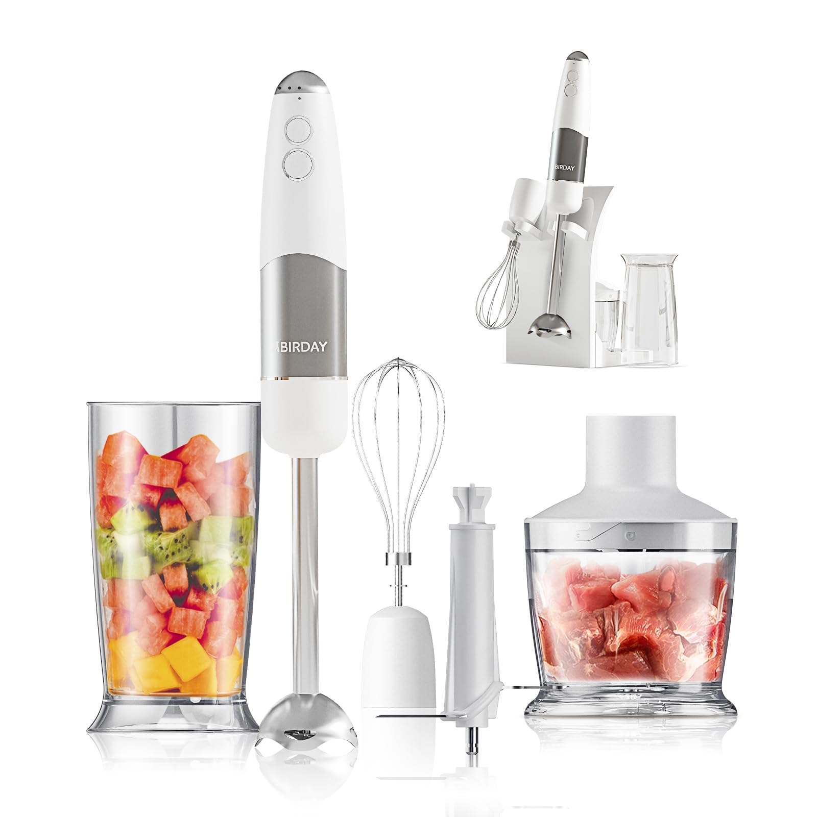 Hand Blender, Integrated Storage Stand, 800W Multi-Purpose Stainless Steel Stick Immersion Blender, 6-Speed and Turbo Mode Hand Mixer, 500ml Food Processor, 700ml Mixing Beaker, Whisk