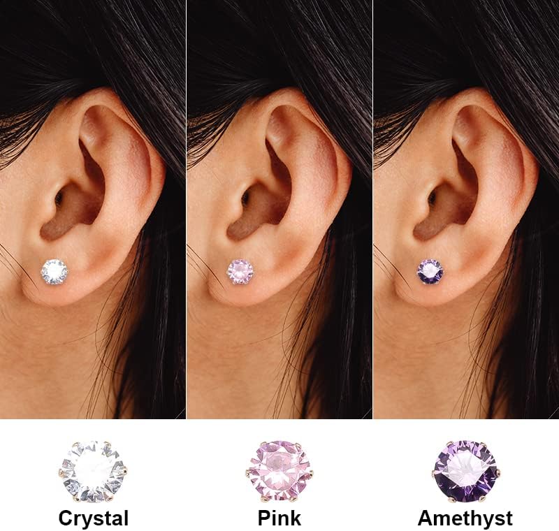 3 Pairs/Set Titanium Cubic Zirconia Stud Earrings Brilliant Cut Simulated Diamond CZ Earrings Hypoallergenic Ear Studs for Sensitive Ears - Image 2