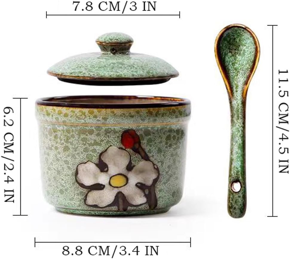Handmade Ceramic Sugar Bowl with Lid and Spoon, 9oz Porcelain Condiment Jar with Hand-Painted Floral Design, Colorful Seasoning Container for Sugar, Salt, Spices Kitchen (Green)