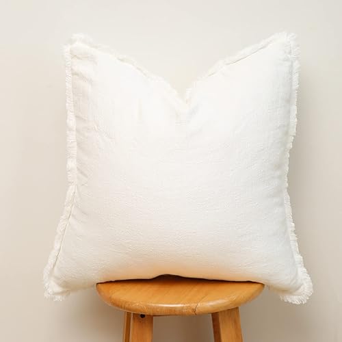 Hckot Funda de almohada de lino de 18 x 18 pulgadas, color blanco roto con borlas y flecos, cojines decorativos rústicos para sofá, cama, fundas de