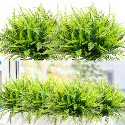 LUZOGA 12 Bundles Artificial Boston Ferns Fake Plants Outdoor Greenery Stems Faux Shrubs UV Resistant No Fade Plastic Grass Plants for Garden Front Porch Table Window Box Home DecorationsGreen