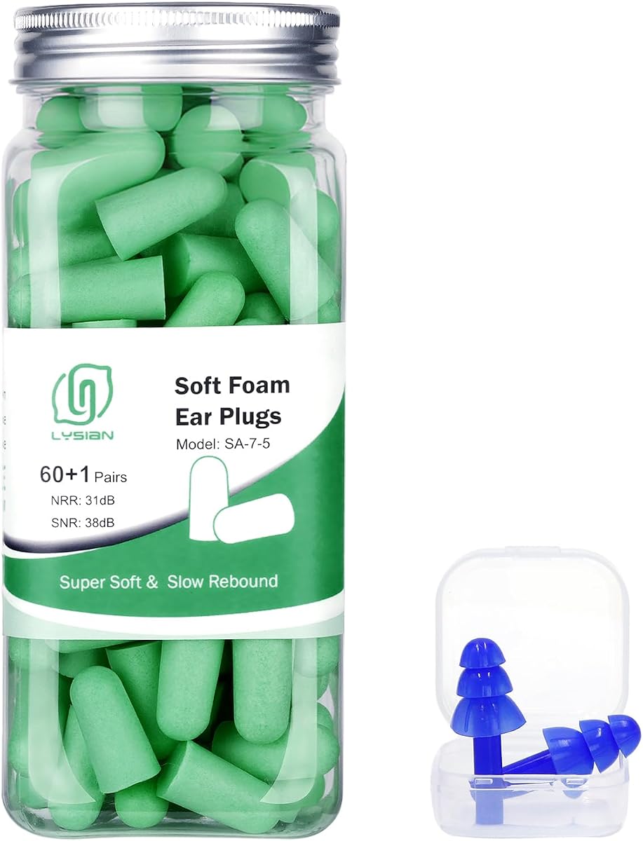 Tapones para los oídos de espuma suave para dormir, 60 pares, 38 dB SNR, verde | Tapones para los oídos suaves con reducción de ruido de rebote lento para roncar, estudiar, viajar, conciertos y trabajar; protección auditiva