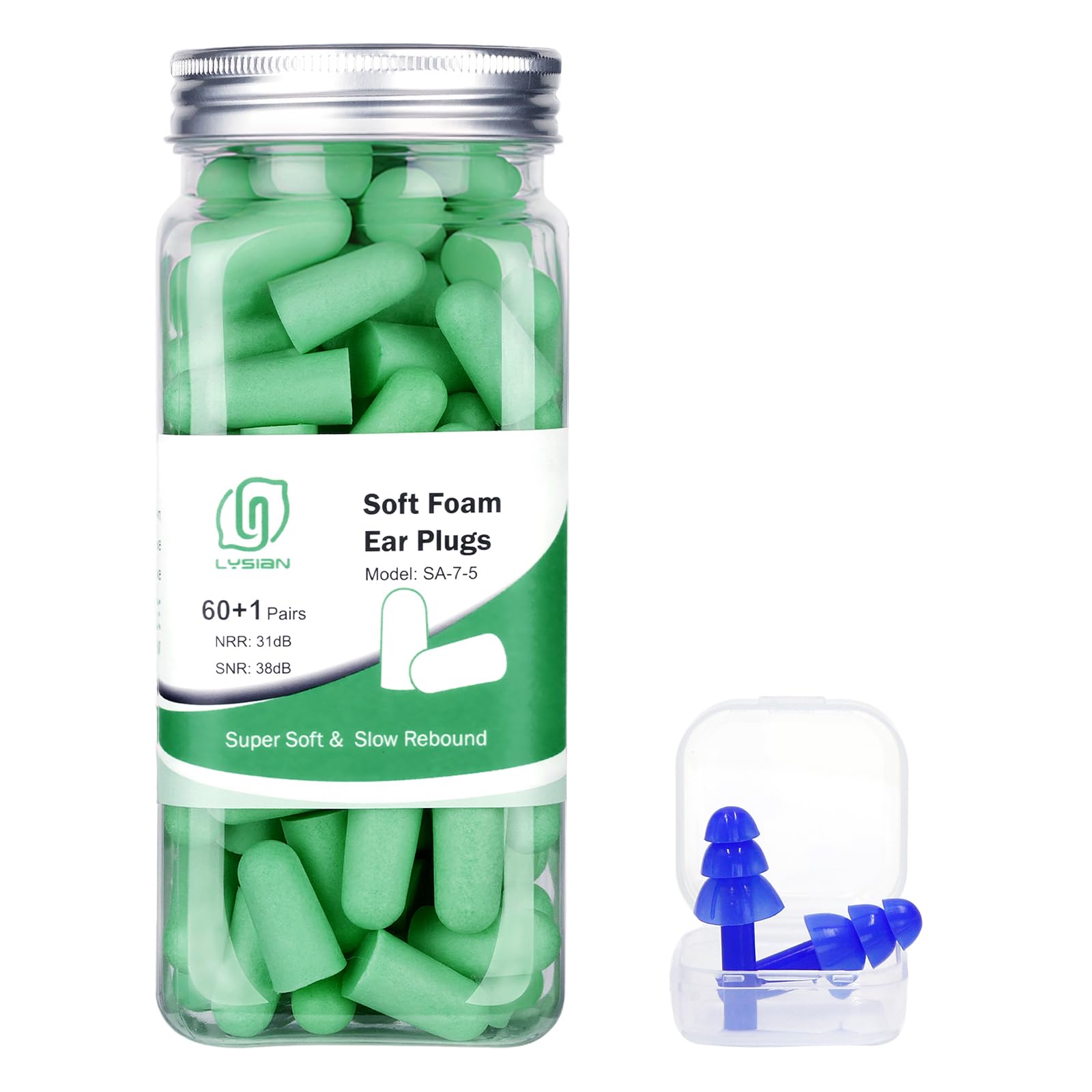 LYSIAN Ultra Soft Foam Earplugs for Sleep – 38dB SNR Disposable Ear Plugs for Sleeping, Snoring, Work & Shooting. Comfortable, Soundproof & Noise Cancelling – 60 Pairs (Green).