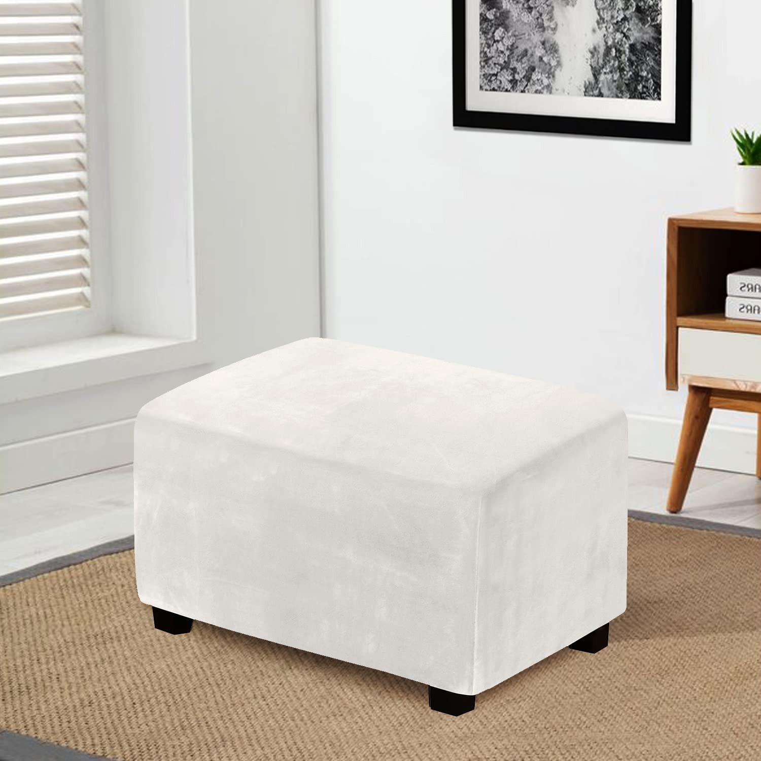 PENDEJATO Stretch Ottoman Covers, Soft Velvet Ottoman Slipcovers Rectangle Storage Stool Cover Footstool Slipcover for Living Room Furniture Protector (White, Large)