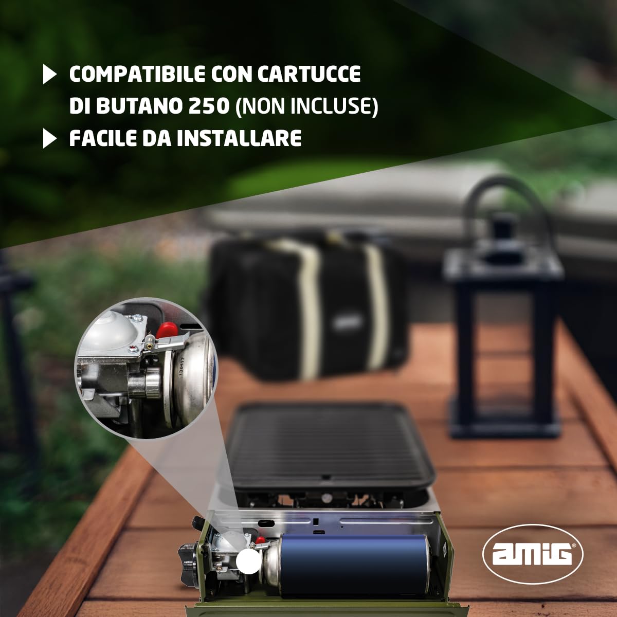 Amig - Cucina a gas da campeggio BBQK01- Kit fornello grill portatile - Griglia in alluminio pressofuso + piastra con coperchio di cottura - Vaschetta raccogli grasso - 1,8 kW - Cartucce B-250