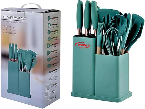 Juego de utensilios de cocina y cuchillos de silicona verde azulado de 19 piezas, incluye 11 utensilios, 5 cuchillos, tijeras, bloque y tabla de