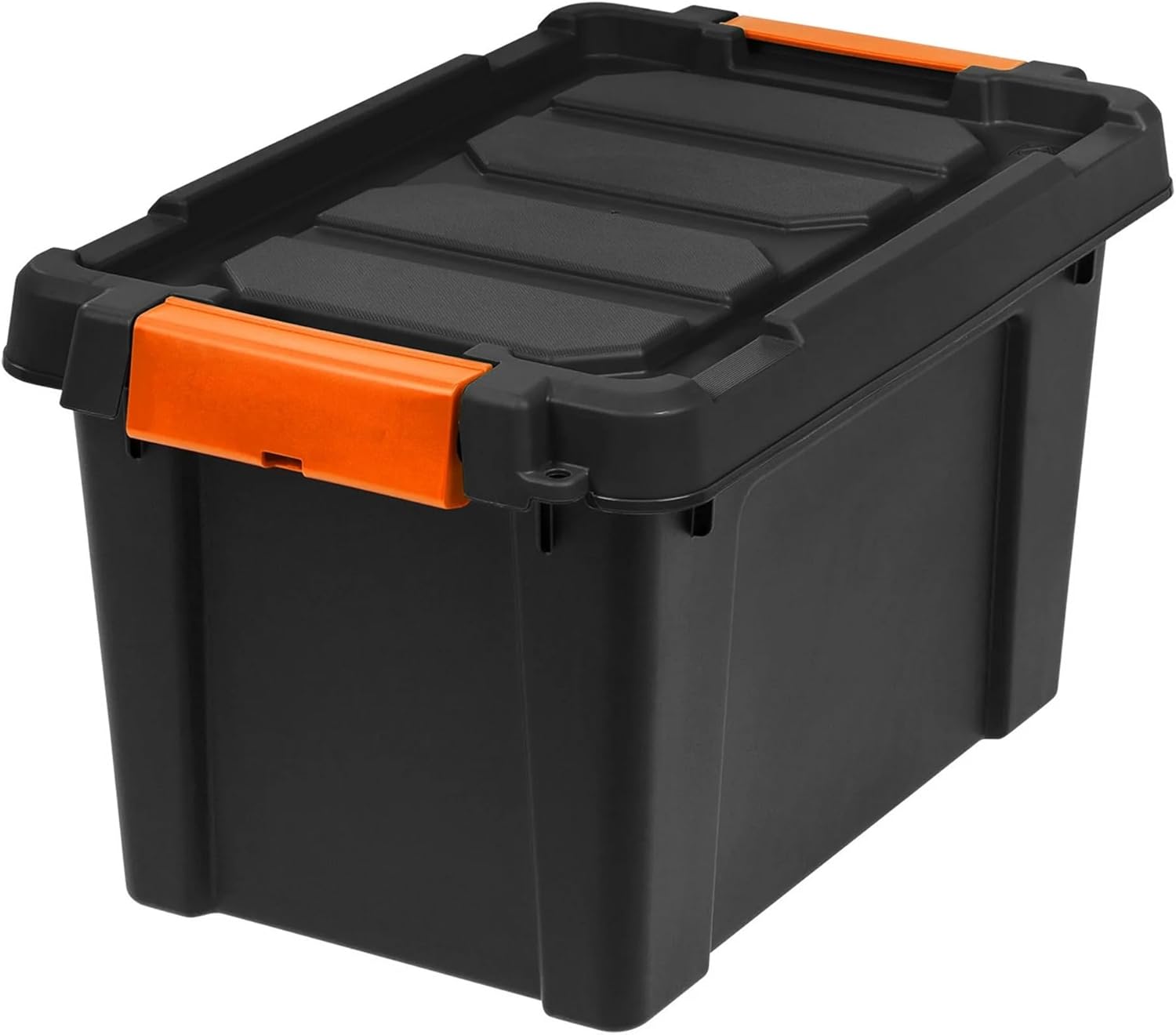 Heavy Duty Storage Container, 5 Gallon Capacity, Stackable Plastic Tote with Locking Lid, 18x12x10 inches, Black/Orange