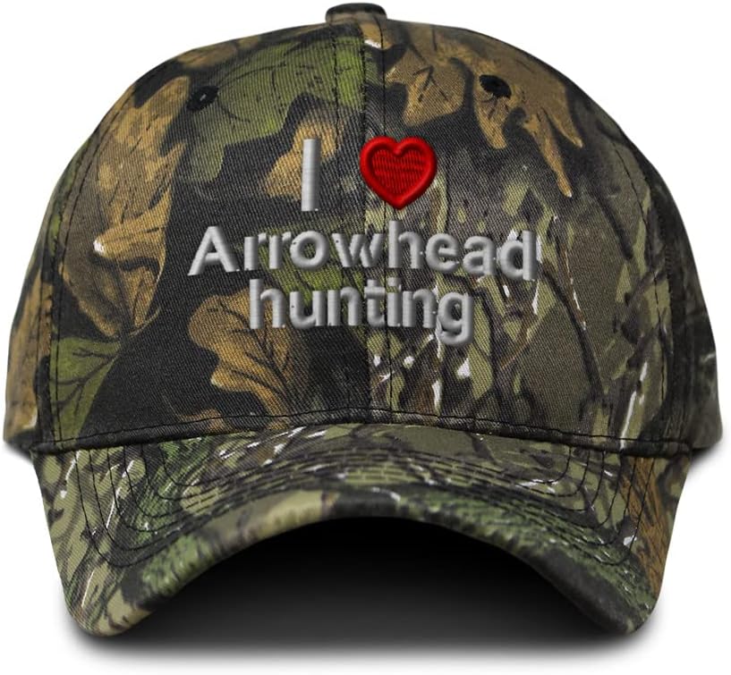 Custom Camo Baseball Cap I (Love) Arrowhead Hunting Red Heart Hobbies Lovers Hunting Cotton Hunting Dad Hats for Men & Women Forest Tree Green Design Only