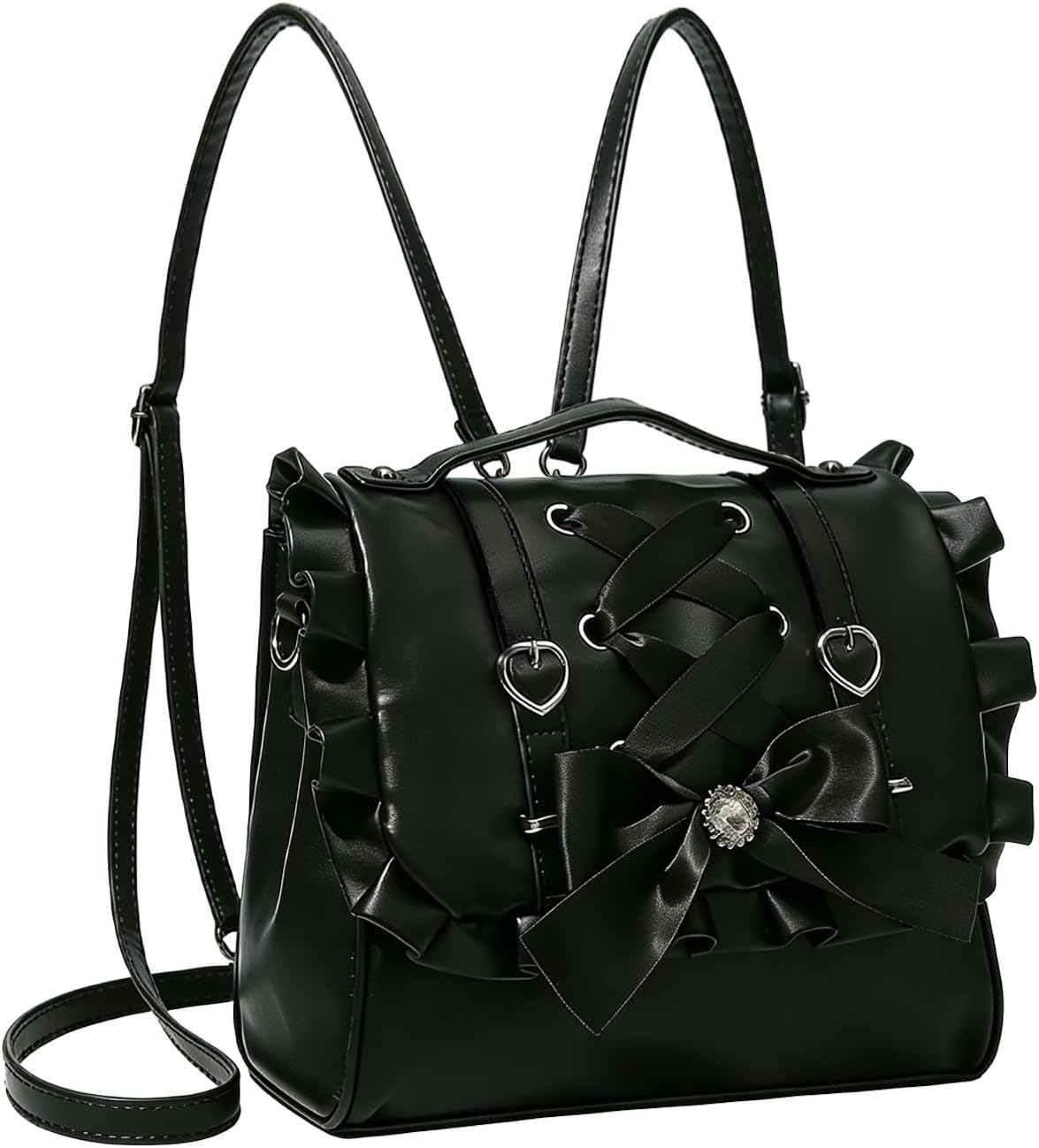 Bow Purse Cutecore Backpack, Satchel Crossbody Japanese Bag with Ruffle, Anime Bows Heart Decors Crossbody Shoulder Bag, Jirai Kei Coquette Shoujo Girl Gothic Lolita Fashion, gothic purse