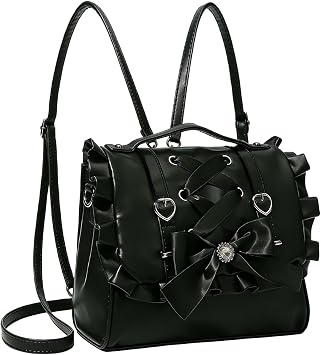 Bow Purse, Kawaii Gothic Lolita Crossbody Backpack | Kawaii ita bag with ruffles, bows, and heart details creates a Jirai Kei and gothic Lolita look for outfits and events.