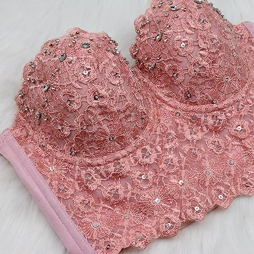 ELLACCI Women's Natural Reigning Lace Rhinestone Bustier Crop Top Sexy Mesh Corset Top Bra4