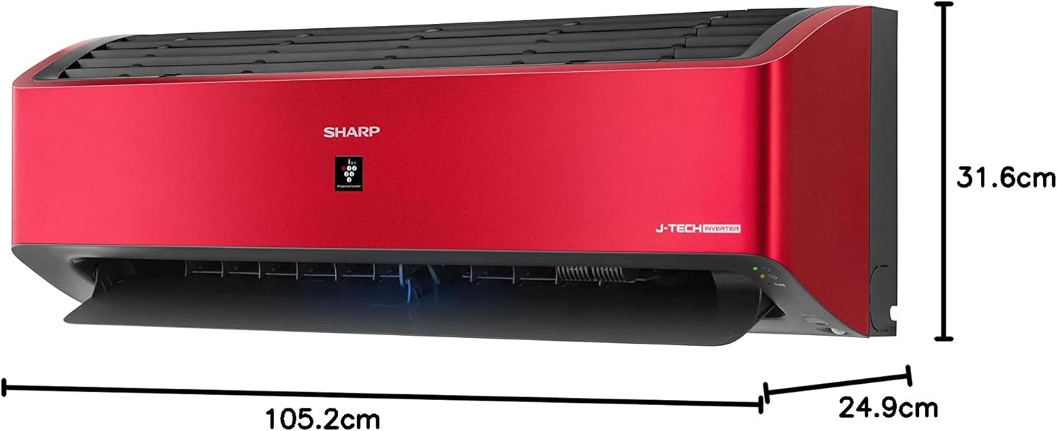 Sharp AY-XP18YHER Air Conditioner, red unit with dimensions indicated.
