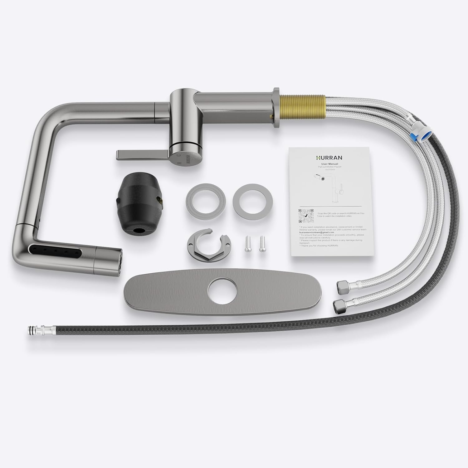 Waterfall Kitchen Faucet with Pull Down Sprayer, Hurran Kitchen Sink Faucets with 5 Spout Modes, 360° Swivel Single Handle Faucet with Deck Plate, Brushed Nickel - Image 7