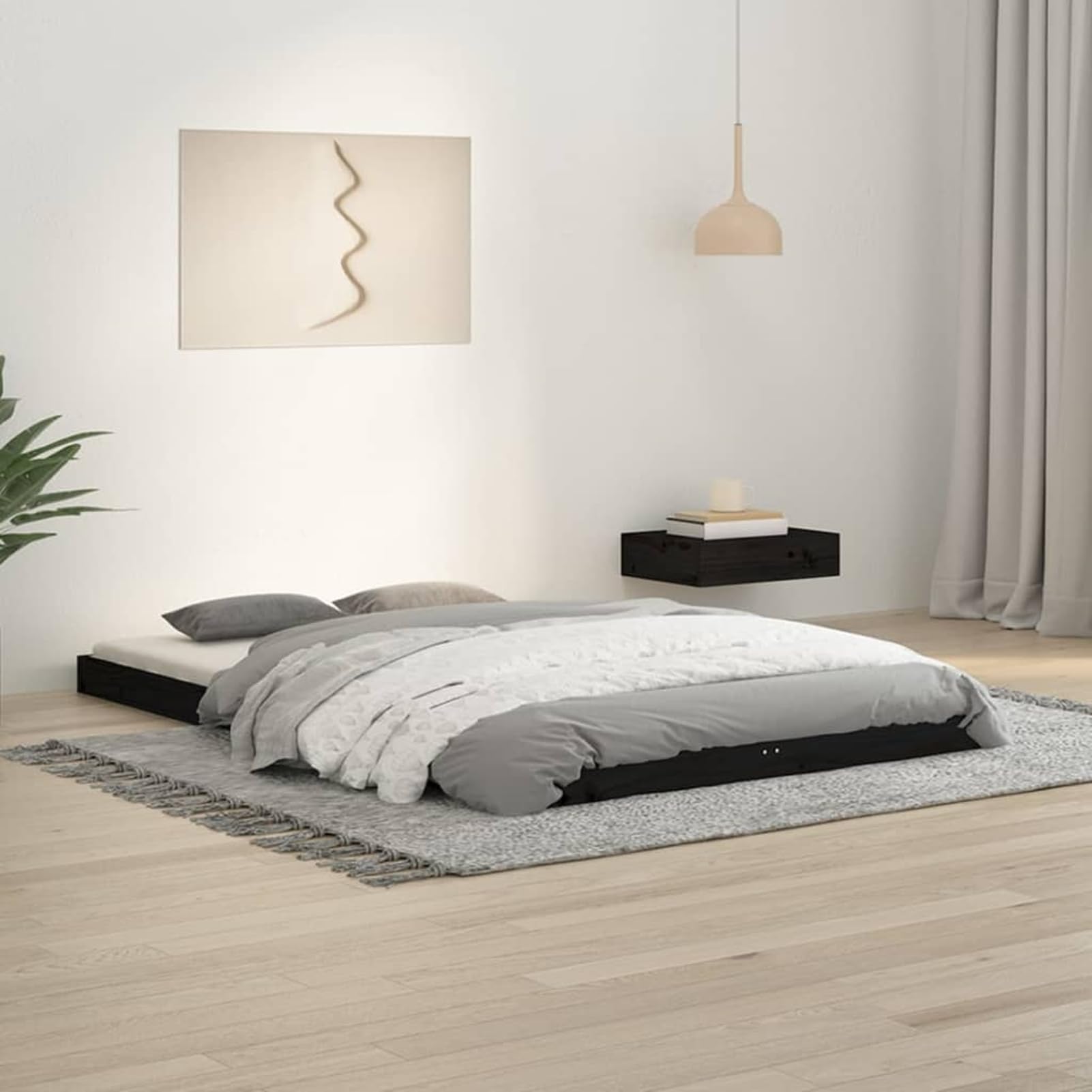 WGYHOME Łóżko z litego drewna, czarne, 120 x 190 cm, z drewna sosnowego, ze zintegrowanym stelażem ze sklejki, nowoczesne łóżko do sypialni