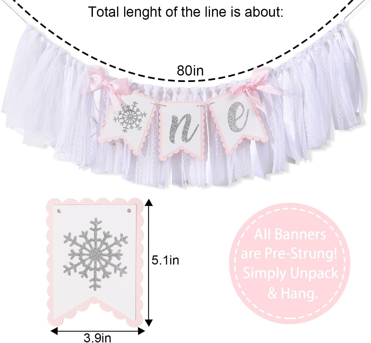 WAWUO Winter Wonderland High Chair Banner - Snowflake One Birthday Party Decoration,Girl 1st Birthday Highchair Banner,Winter Snowflake Banner For Baby Shower,White Snowflake Cake Smash Photo Props
