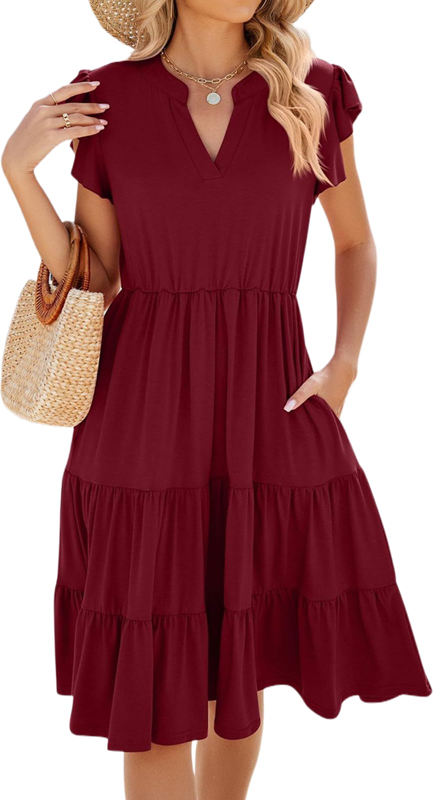 Womens Summer Dress Ruffle Sleeve V Neck Midi Dresses Casual Fit Flowy Tiered Boho Beach Vacation Sundress