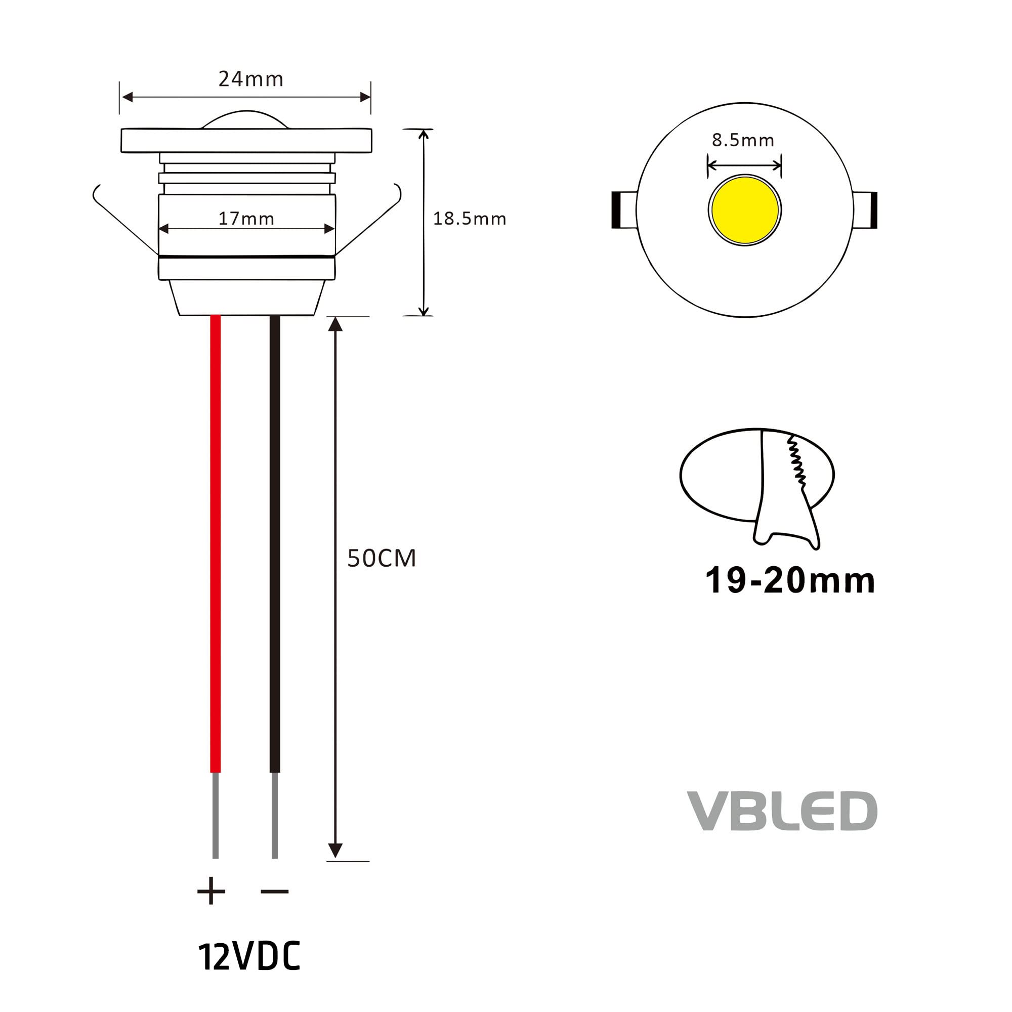VBLED 3er Set 1W Mini-Einbauspot, deckenstrahler deckenleuchte Mini Spot IP65 Warmweiss Inkl. 6W LED Trafo 12V DC, IP20 (Erweiterbar bis zu 5 LEDs)