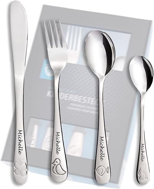 KIDDI-MEDIA Personalised cutlery engraved with name of child (4 pieces) with animals design/stainless steel - great gift for children