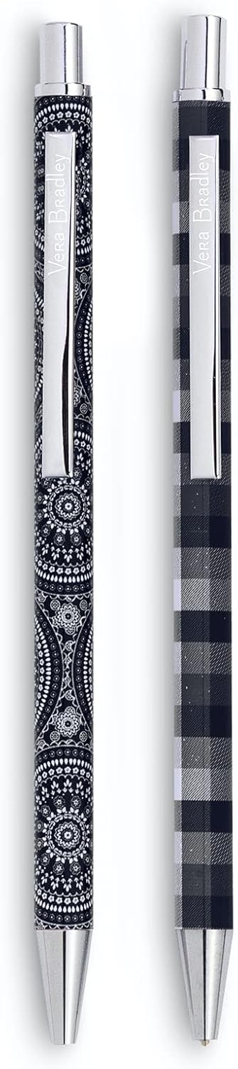 Vera Bradley Metal Pen and Pencil Set, Black Ink Ballpoint Pen, Mechanical Pencil with Eraser Tip, Bandana Medallion
