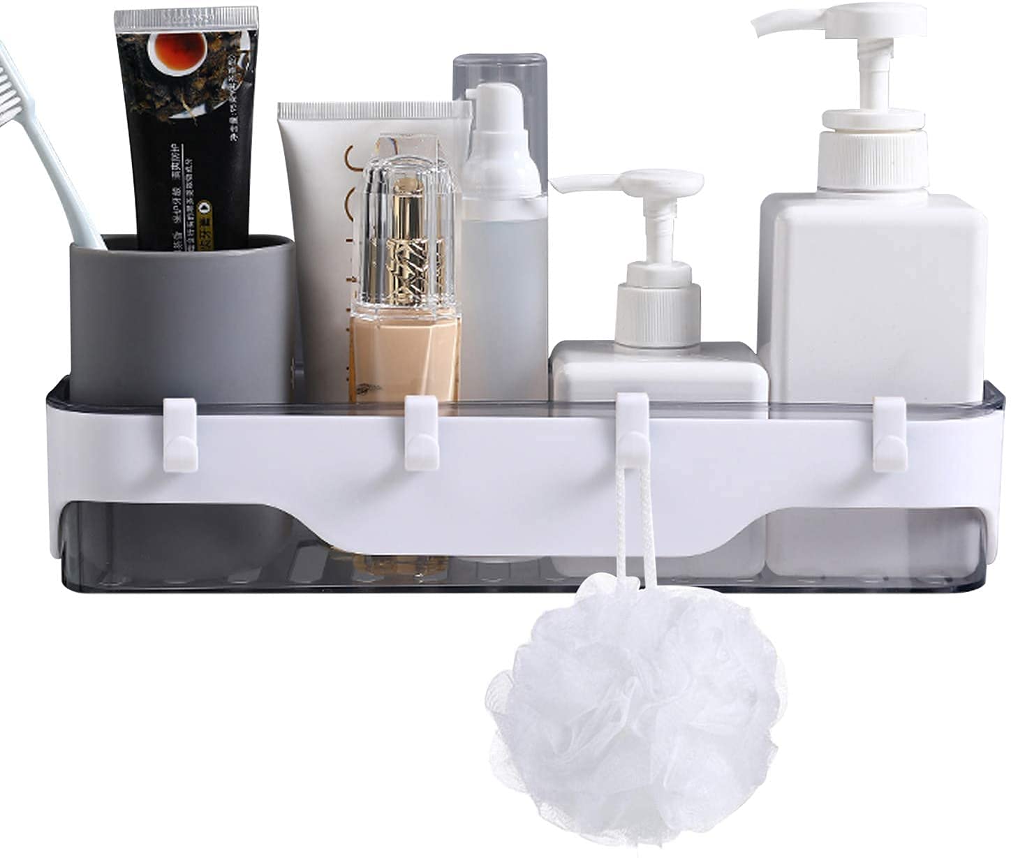 House of Quirk Shower Caddy Basket Shelf with Hooks No Drilling Bathroom Shelf with Adhesive for Shampoo, Wall Mounted Bathroom Shower Storage Organizer Rack for Toilet - Black